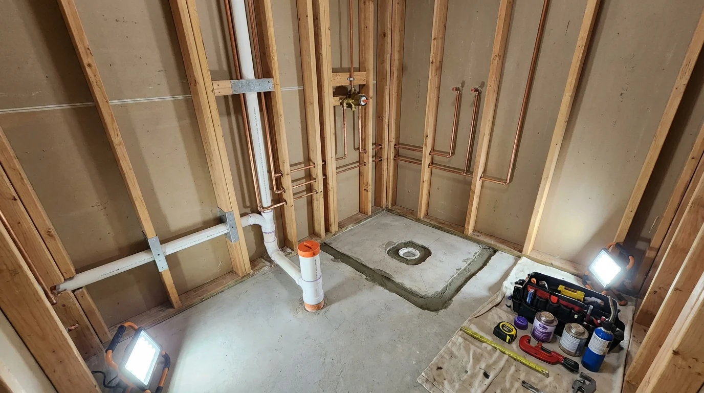 Bathroom rough-in plumbing during remodel by Johns Plumbing LLC in Stowell