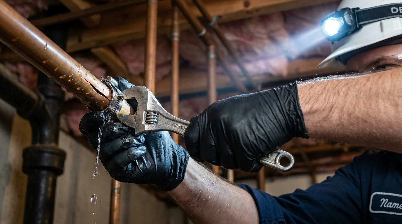 Emergency pipe clamp repair being performed by a Johns Plumbing LLC plumber in Stowell
