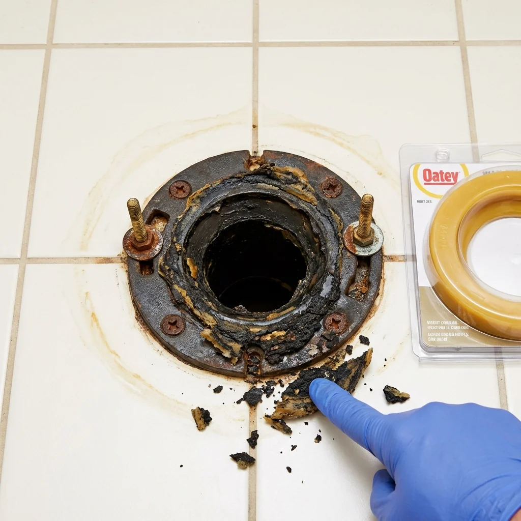 Failed wax ring showing water seepage at the base of a toilet in a Stowell, TX home
