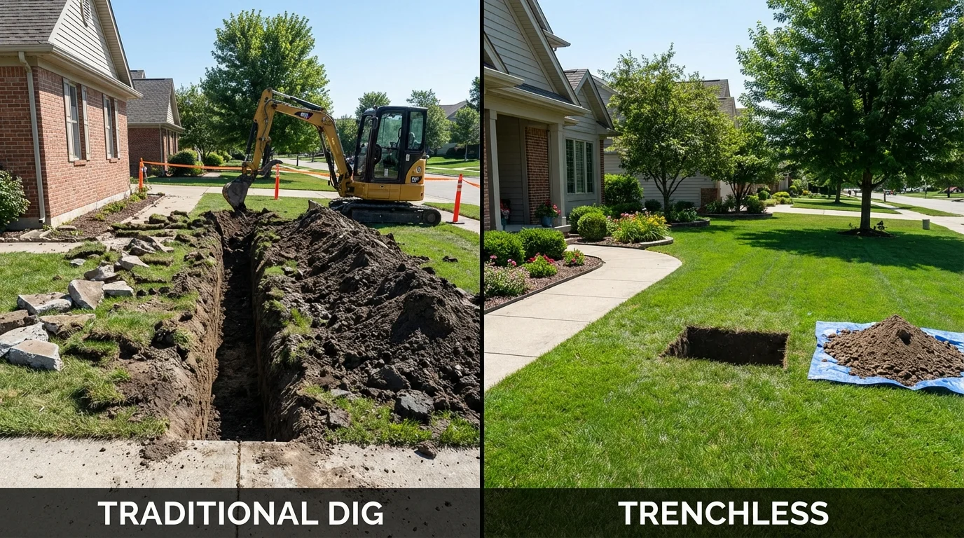 Trenchless sewer repair with minimal yard damage versus traditional excavation in Stowell, TX