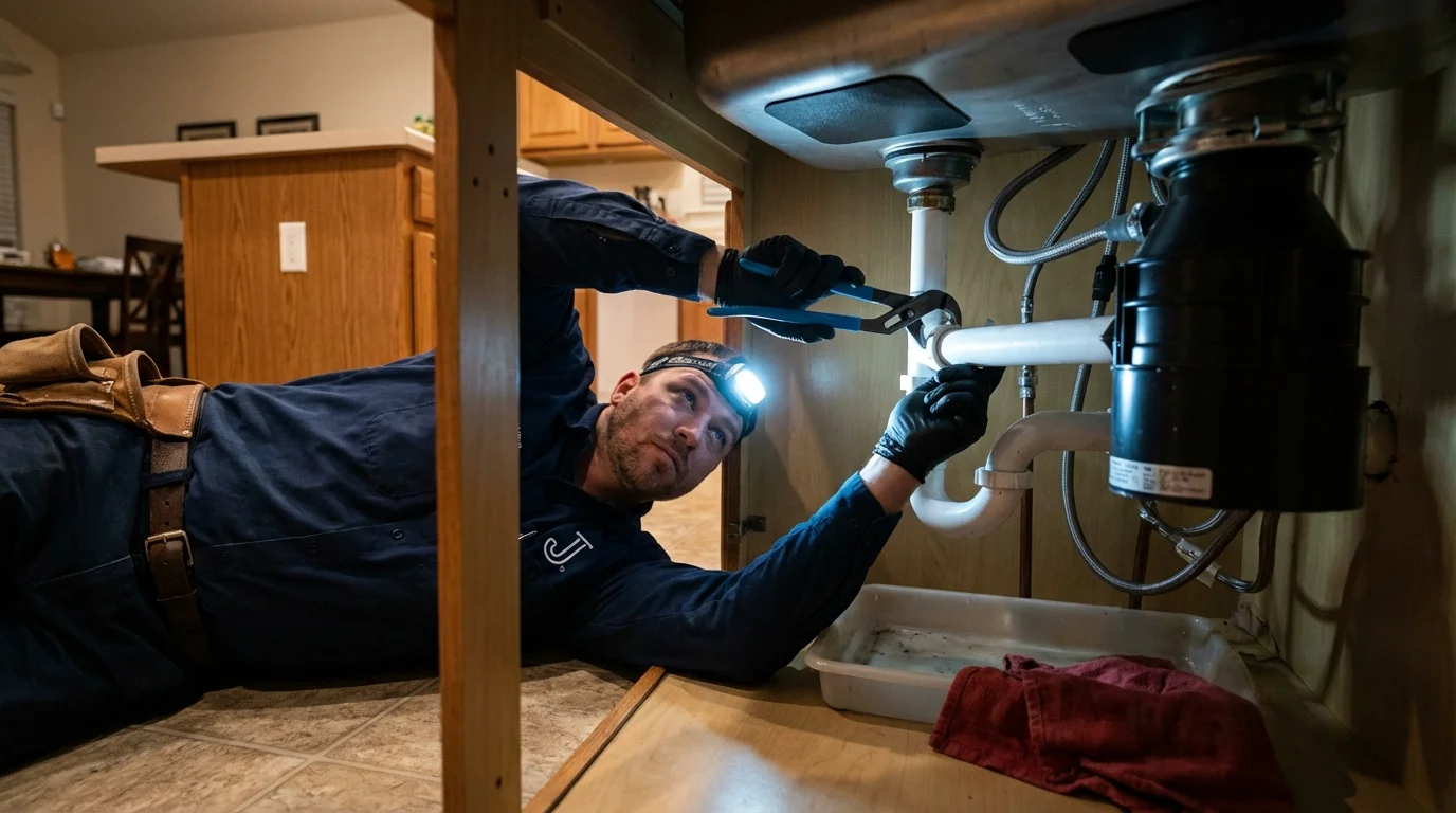P-trap and supply line connections under a kitchen sink showing a common leak point in Stowell, TX